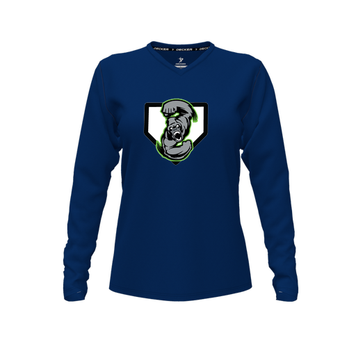 [CUS-DFW-TEES-CMF-VNK-LSL-NVY-FYXS-LOGO3] Decker Comfort T-Shirt (Female Youth XS, Navy, V Neck, Logo 3, Long Sleeve)