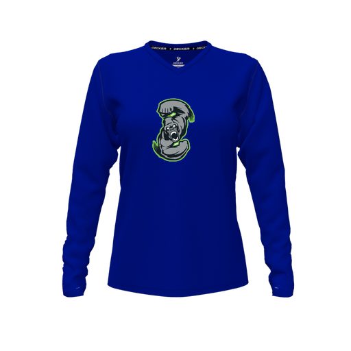 [CUS-DFW-TEES-CMF-VNK-LSL-RYL-FYXS-LOGO1] Decker Comfort T-Shirt (Female Youth XS, Royal, V Neck, Logo 1, Long Sleeve)