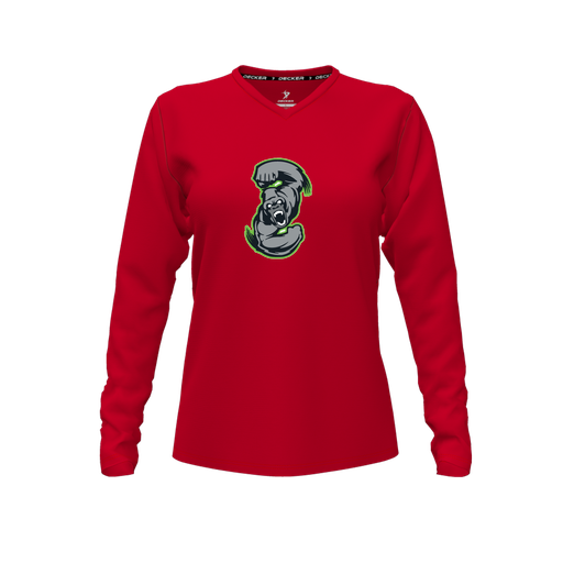 [CUS-DFW-TEES-CMF-VNK-LSL-RED-FYXS-LOGO1] Decker Comfort T-Shirt (Female Youth XS, Red, V Neck, Logo 1, Long Sleeve)