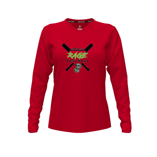 [CUS-DFW-TEES-CMF-VNK-LSL-RED-FYXS-LOGO2] Decker Comfort T-Shirt (Female Youth XS, Red, V Neck, Logo 2, Long Sleeve)