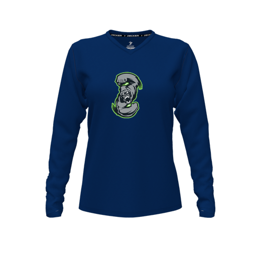 [CUS-DFW-TEES-PER-VNK-LSL-NVY-FYXS-LOGO1] Decker Performance T-Shirt (Female Youth XS, Navy, V Neck, Logo 1, Long Sleeve)