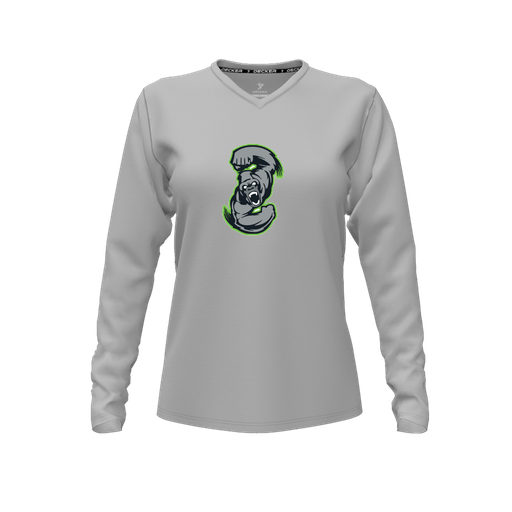 [CUS-DFW-TEES-PER-VNK-LSL-GRY-FYXS-LOGO1] Decker Performance T-Shirt (Female Youth XS, Gray, V Neck, Logo 1, Long Sleeve)