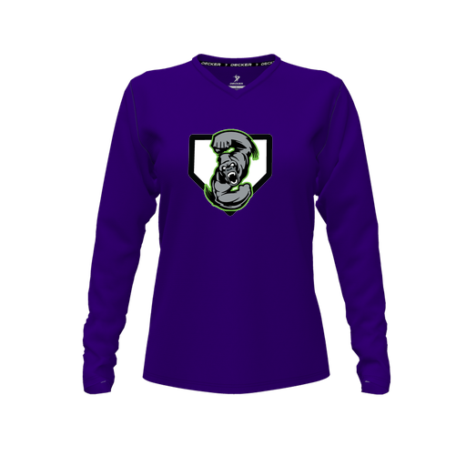 [CUS-DFW-TEES-PER-VNK-LSL-PUR-FYXS-LOGO3] Decker Performance T-Shirt (Female Youth XS, Purple, V Neck, Logo 3, Long Sleeve)